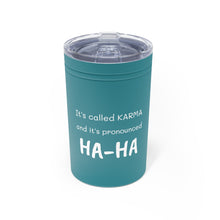 Load image into Gallery viewer, KARMA Tumbler White with orange lettering, turquoise and grey with white lettering