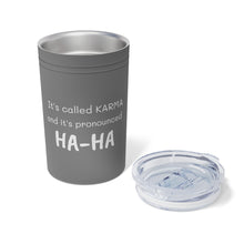 Load image into Gallery viewer, KARMA Tumbler White with orange lettering, turquoise and grey with white lettering