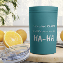 Load image into Gallery viewer, KARMA Tumbler White with orange lettering, turquoise and grey with white lettering