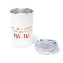 Load image into Gallery viewer, KARMA Tumbler White with orange lettering, turquoise and grey with white lettering