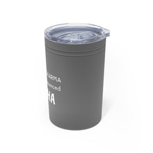 Load image into Gallery viewer, KARMA Tumbler White with orange lettering, turquoise and grey with white lettering