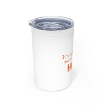 Load image into Gallery viewer, KARMA Tumbler White with orange lettering, turquoise and grey with white lettering