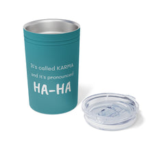Load image into Gallery viewer, KARMA Tumbler White with orange lettering, turquoise and grey with white lettering
